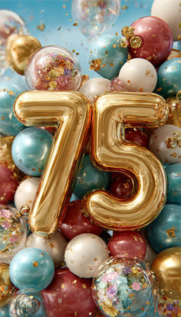Golden Number 75 Balloon For 75th Birthday Celebration Surrounded By Festive Balloonsの素材