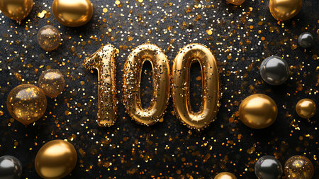 Golden Number 100 Balloons With Confetti, Celebrating A 100th Birthday Or Anniversaryの素材