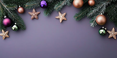 Christmas Border. Fir Tree Branches With Pink, Golden, Violet Baubles, Stars On Purple Backgroundの素材