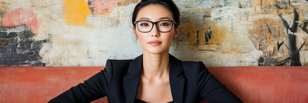 Confident Young Asian Businesswoman Sitting Calmly On An Orange Sofa In A Modern Office Setting.の素材