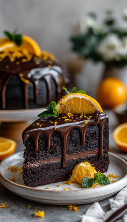 Slice of Chocolate Orange Cake with Chocolate Ganache, Orange Zest, and Fresh Mint, Close Upの素材