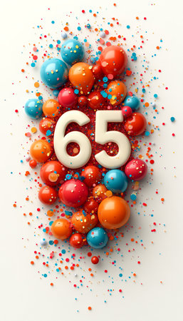 Festive Celebration, Number 65 Made Of Balloons, With Colorful Confetti On White Backgroundの素材