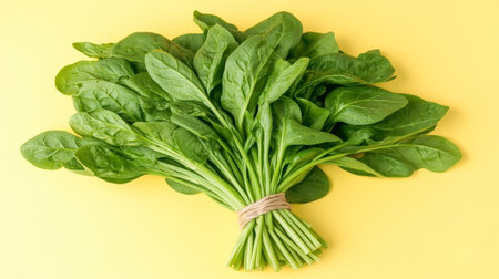 Bunch of Fresh Spinach, Isolated on Yellow, Vibrant Green Leaves Close Up, Healthy Eating Conceptの素材