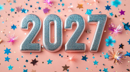Silver 2027 Numbers on Pink Background with Sparkling Stars for New Year Celebration.の素材