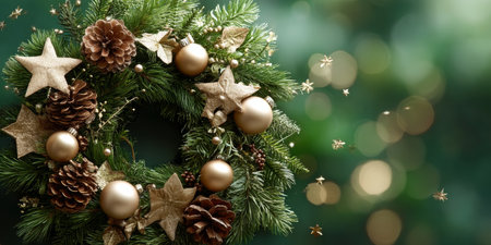 Classic Christmas Wreath with Golden Ornaments, Stars, and Pine Cones on a Festive Green Background.の素材