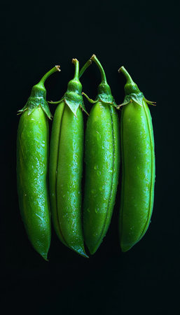 Four Vibrant Green Beans, Bright Green Tones, Smooth Surface, Isolated on Black Backgroundの素材