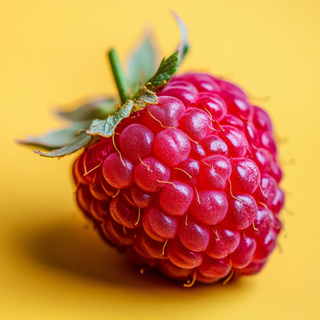 Single, Vibrant Raspberry On A Yellow Background, Showcasing it s Ripe, Delicate Textureの素材