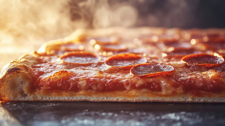 Steaming Hot Pepperoni Pizza Slice with Melted Cheese and Crispy Crust on Blurred Backgroundの素材