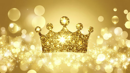 Sparkling Golden Crown On Gold Bokeh Background Luxury, Festivity, Celebration Conceptの素材