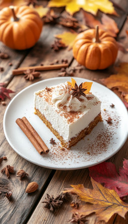 Autumn Spice Cake, Cream Cheese Frosting, Cinnamon, Star Anise. White Plate, Fall Decor.の素材