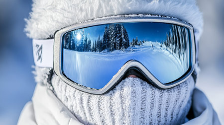 Close-Up Portrait Snowboarder in Mirrored Ski Goggles, Reflecting a Snowy Mountain Landscapeの素材