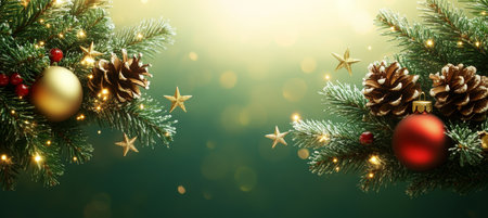 Green Christmas Background With Ornaments Pine Cones, Stars And Pine Branches On Blurry Bokehの素材