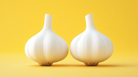 Two Whole Garlic Bulbs, Isolated on Vibrant Yellow, Creamy White Tones, Textured Skinの素材