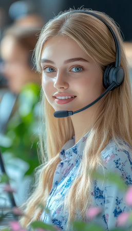 Smiling Young Businesswoman in Headset Thriving in Vibrant, Plant-Filled Office Settingの素材