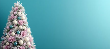 Frosted Christmas Tree Decorated with Teal and White Ornaments on a Turquoise Backgroundの素材