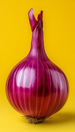 Single, Vibrant Red Onion Isolated on Yellow Background. Closeup of Texture and Form.の素材