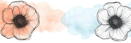 Gentle Peach And Blue Watercolor Washes With Intricate Floral Outlines, Detailed Line Art Flowersの素材