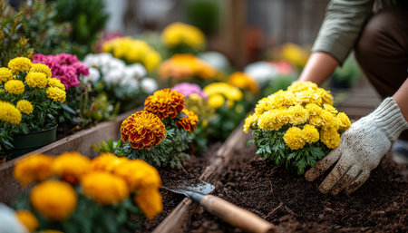 Woman Planting Flowers, Autumn Gardening. Cultivating Garden, Spring Time Activities Leisure Hobby.の素材