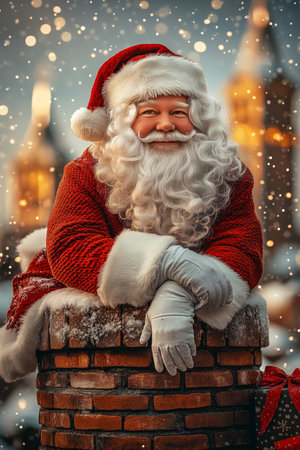 Jolly Santa Claus Resting on a Chimney, Overlooking a Snowy Cityscape on Christmas Eveの素材
