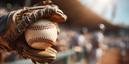 Closeup a weathered baseball glove holding a new baseball with blurry players, fans in backgroundの素材