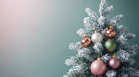Frosted Christmas Tree with Copper and Green Ornament, Emerald Background, Copy Spaceの素材
