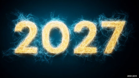 Electrifying New Year 2027 Abstract Design with Energetic Electric Blue and Vibrant Golden Numbersの素材