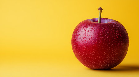 Fresh, Ripe, Red Apple With Water Droplets on a Vibrant Yellow Background Food, Health, Vitaminsの素材