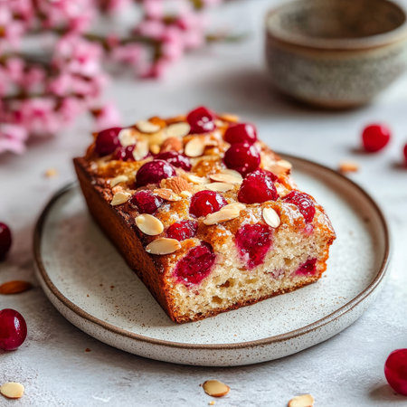 Cherry Almond Cake Loaf With Almond Glaze On Plate On Spring Floral Background, Close Upの素材