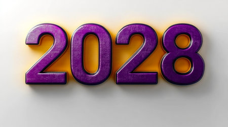 Purple And Gold 2028 3D Numbers On A White Background. New Year, Celebration, Holiday Concept.の素材