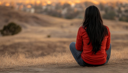 Woman Finds Peace and Solitude in Nature s Embrace, Serene Moment with Space for Textの素材