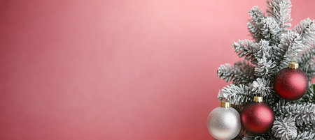 Frosted Christmas Tree Decor. Maroon and Silver Bauble Ornaments on Burgundy Background. Copy Space.の素材