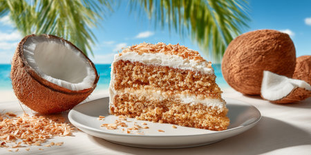 Slice of Coconut Cream Cake ,Topped with Whipped Cream on White Plate with Toasted Coconut, Tropicalの素材