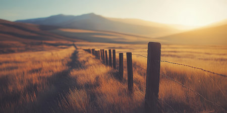 Golden Hour, Countryside Charm Rustic Wooden Fence Line Stretching across Rolling Hills at Sunset.の素材