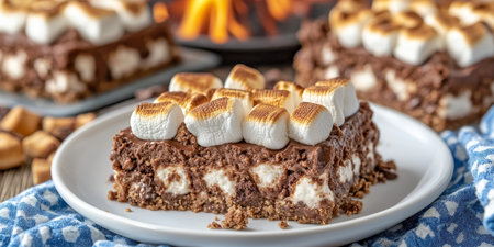 Decadent Smores Cake Squares Topped with Fluffy Toasted Marshmallows, A Sweet Treat for Any Occasionの素材