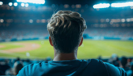 Man Enjoys Game Day Atmosphere, Back View with Copy Space on Blurred Stadium Backgroundの素材