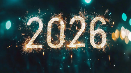 Sparkling New Year 2026 Celebration on Emerald Green Background with Dazzling Fireworksの素材