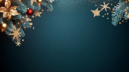 Christmas Frame, Teal and Gold Decorated Fir Branches on Teal Background With Copy Spaceの素材
