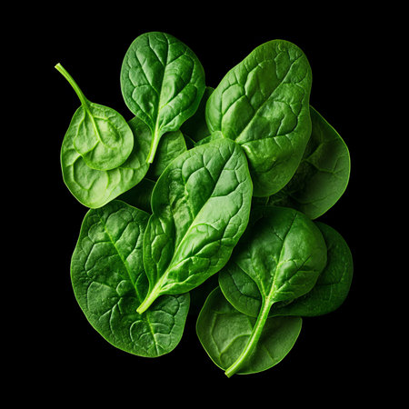 Vibrant Green Spinach Leaves A Close-Up on Freshness. Isolated on Black Background.の素材