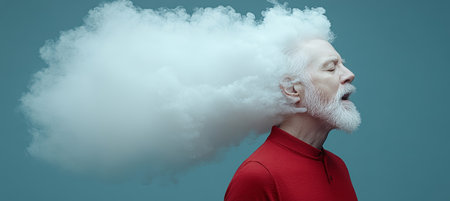 Profile Of Senior Man With White Hair Emerging From Cloud Of Smoke Against Blue Backgroundの素材