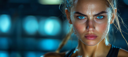 Intense Female Boxer Ready To Strike, Portrait With Copy Space On Defocused Gym Backgroundの素材