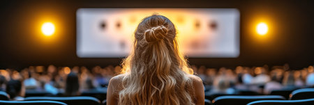 Woman Enjoys Cinema Atmosphere, watching Movie at Film Festival Event Premiere Projectionの素材