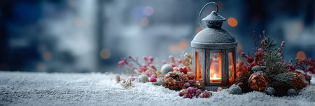 Christmas Lantern with Fir Branches and Ornaments on Snowy Table, Festive Holiday Decorationの素材