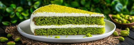 Slice of Pistachio Layer Cake with Buttercream Frosting and Crushed Pistachios on White Plateの素材