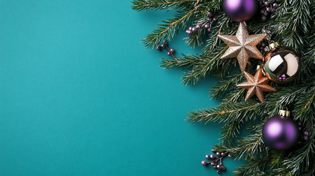 Christmas Banner. Tree Branches Decorated with Copper Stars, Violet Balls on Turquoise Background.の素材