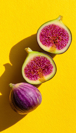 Three Ripe Figs, Two Halved, on a Vibrant Yellow Background, Showcasing Their Vibrant Purple Fleshの素材
