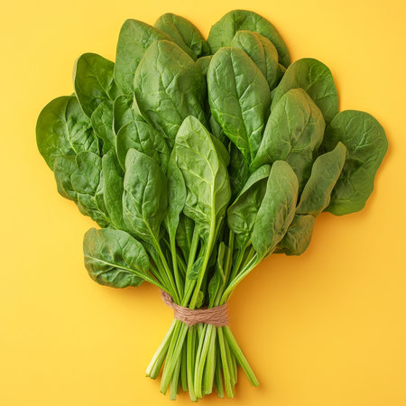 Bunch of Fresh Spinach Leaves, Isolated on Yellow Background, Vibrant Green, Healthy Eating Conceptの素材