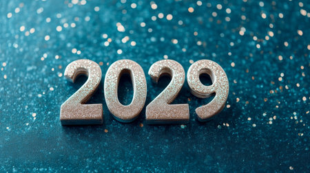 Silver 2029 Number on Sparkling Teal Background, Perfect for New Year Celebration Designsの素材