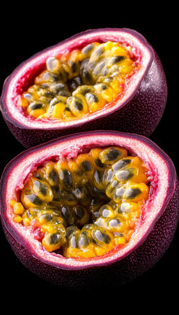 Two Halves of Fresh Passion Fruit with Vibrant Yellow Seeds, Isolated on Black Backgroundの素材