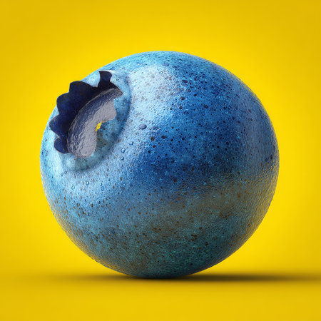 Single, Vibrant Blueberry on a Bold Yellow Background, Captured in a Close-Up Studio Shotの素材