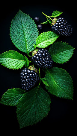Glossy Blackberries Trio Cluster Isolated Against a Dark Background With Vibrant Green Leaves,の素材